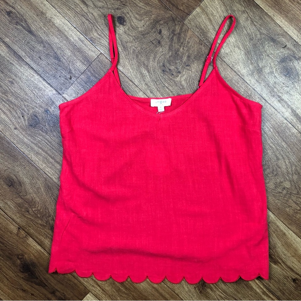 Umgee Red Linen Rayon Tank Top Scalloped Edge